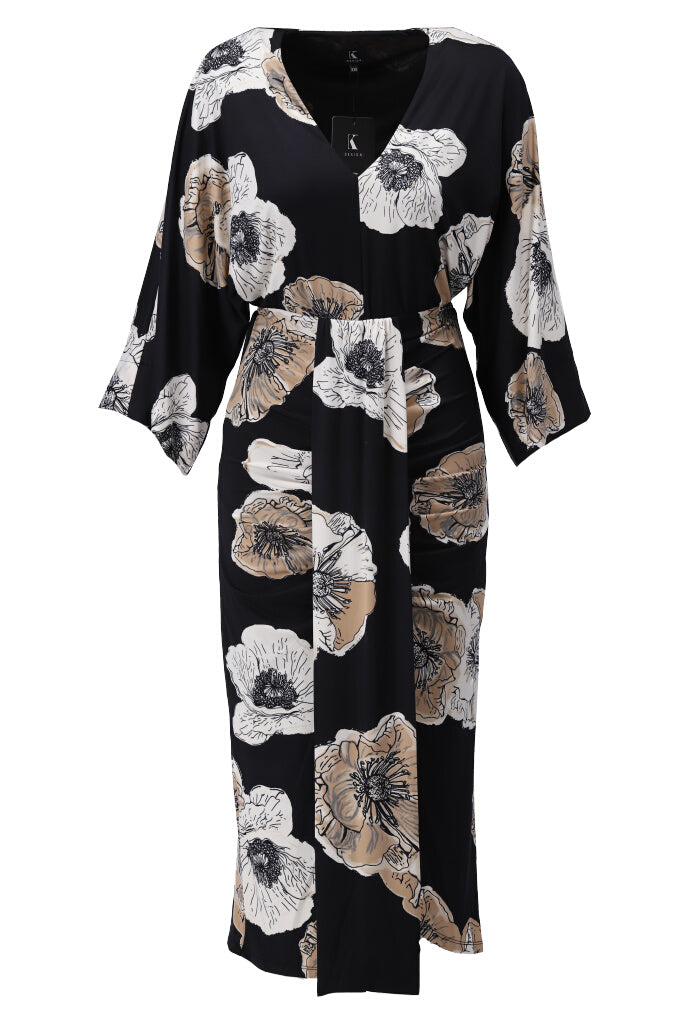 K-design - Midi dress met print, V-hals en plooi (A104P908) - What Els!