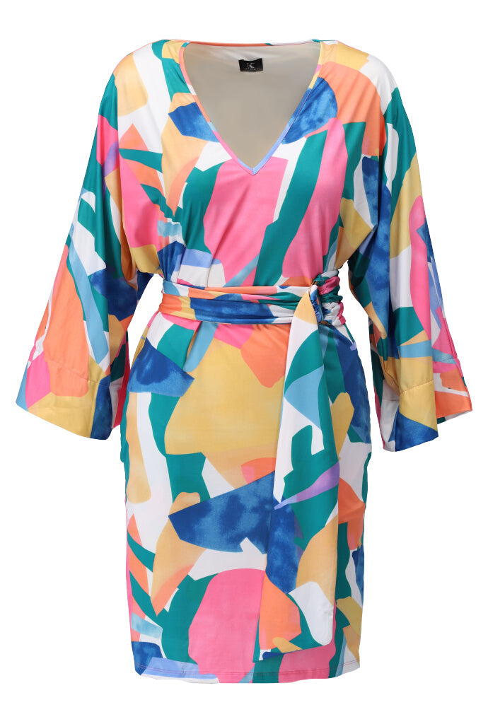K-design - Mini dress met print, V-hals en stoffen riem (A115P925) - What Els!