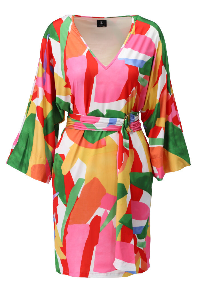 K-design - Mini dress met print, V-hals en stoffen riem (A115P926) - What Els!