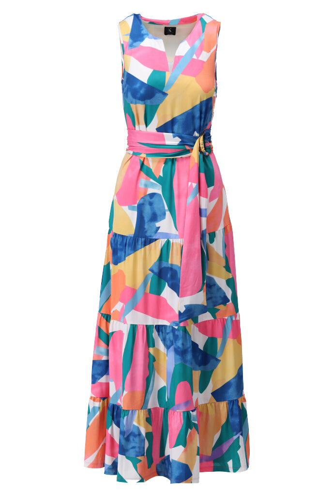 K-design - Mouwloze maxi dress met print, volants en stoffen riem (A116P925) - What Els!