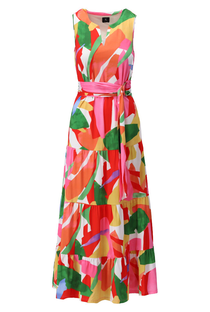 K-design - Mouwloze maxi dress met print, volants en stoffen riem (A116P926) - What Els!