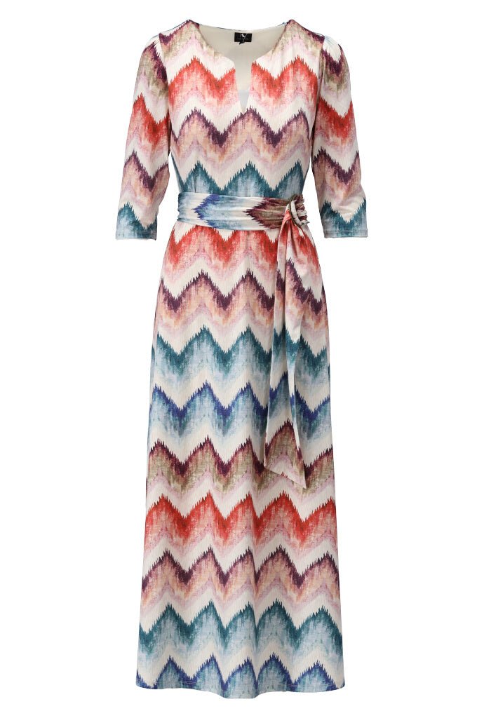 K-design - Maxi dress met print, V-hals en stoffen riem (A204P986) - What Els!