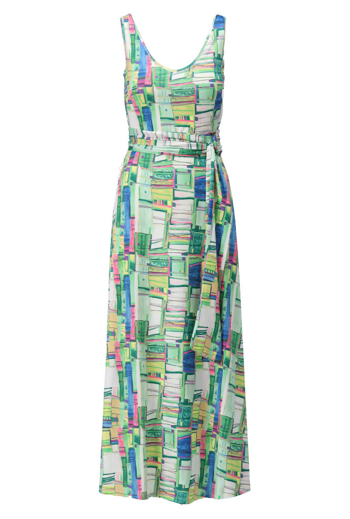 K-design - Mouwloze maxi dress met print, V-hals en stoffen riem (A214P981) - What Els!