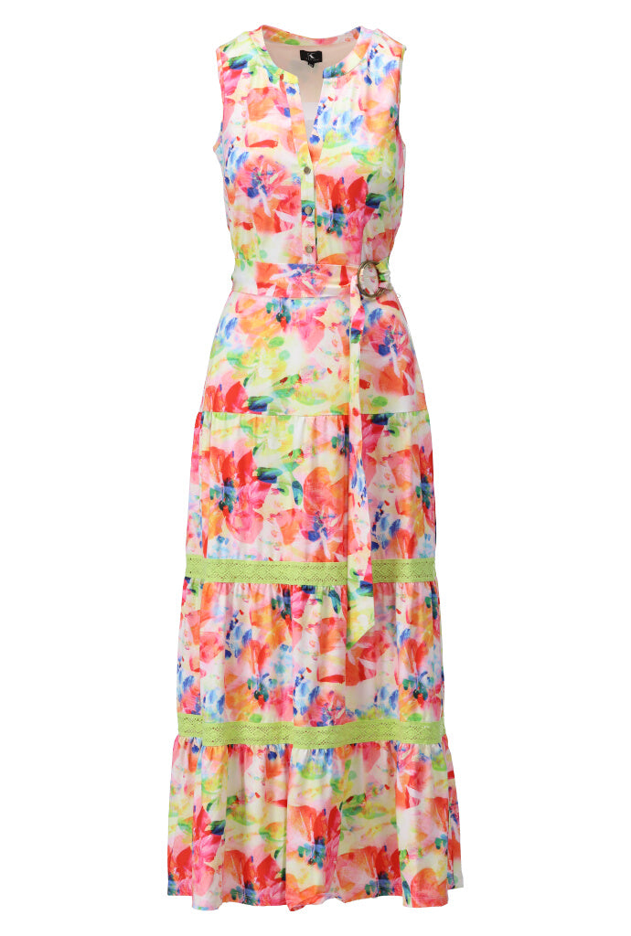 K-design - Mouwloze maxi dress met print, volants, haakwerk en stoffen riem (A217P982) - What Els!