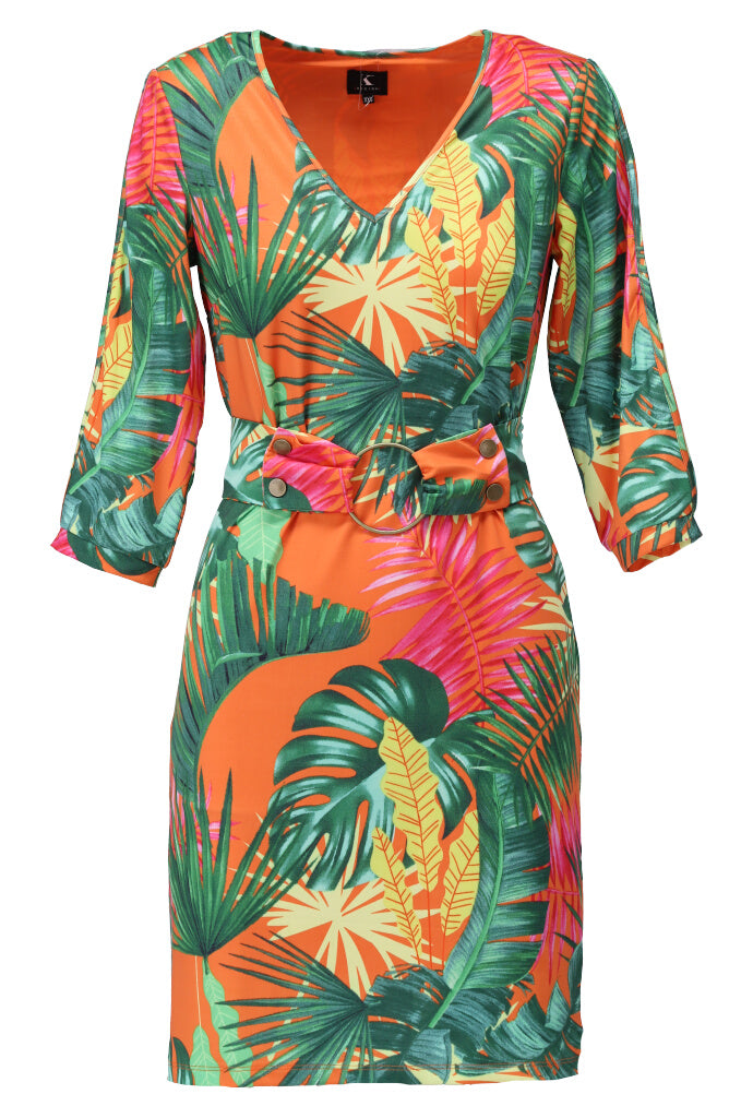 K-design - Mini dress met print, open mouwen en stoffen riem (A218P984) - What Els!