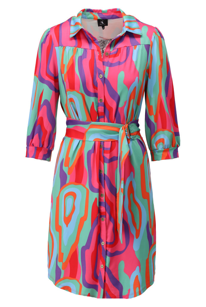 K-design - Jurk met print, knopen en stoffen riem (A303P937) - What Els!