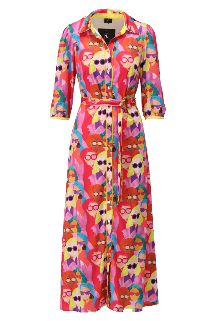 K-design - Maxi dress met print, knopen, fluo details en stoffen riem (A313P947) - What Els!