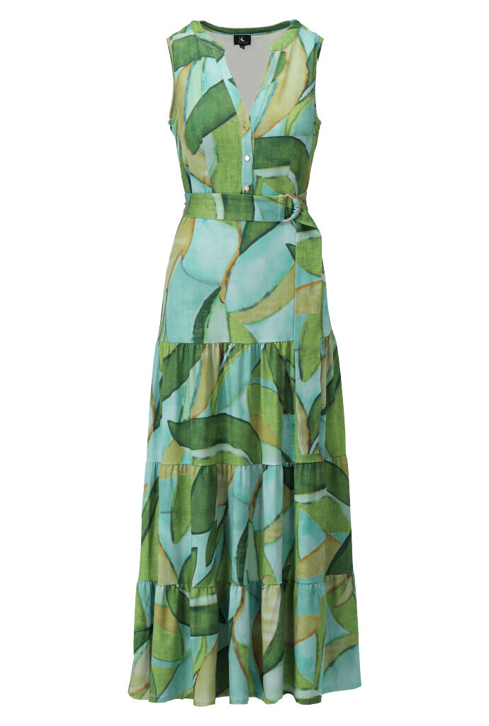 K-design - Mouwloze maxi dress met print, volants en stoffen riem (A314P951) - What Els!