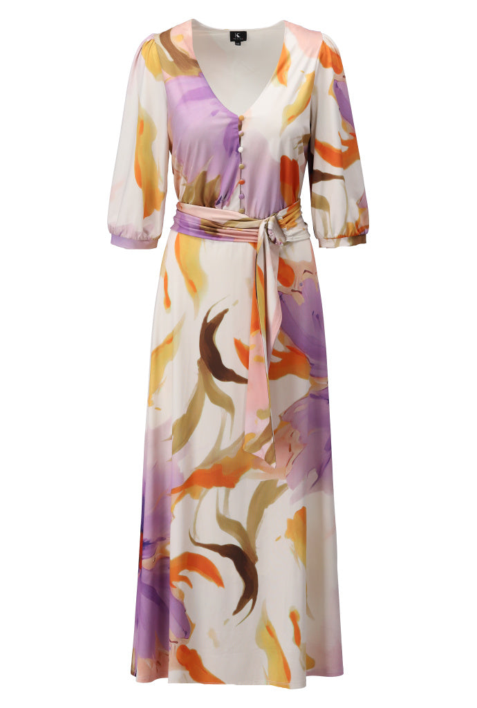 K-design - Maxi dress met print en stoffen riem (A324P954) - What Els!