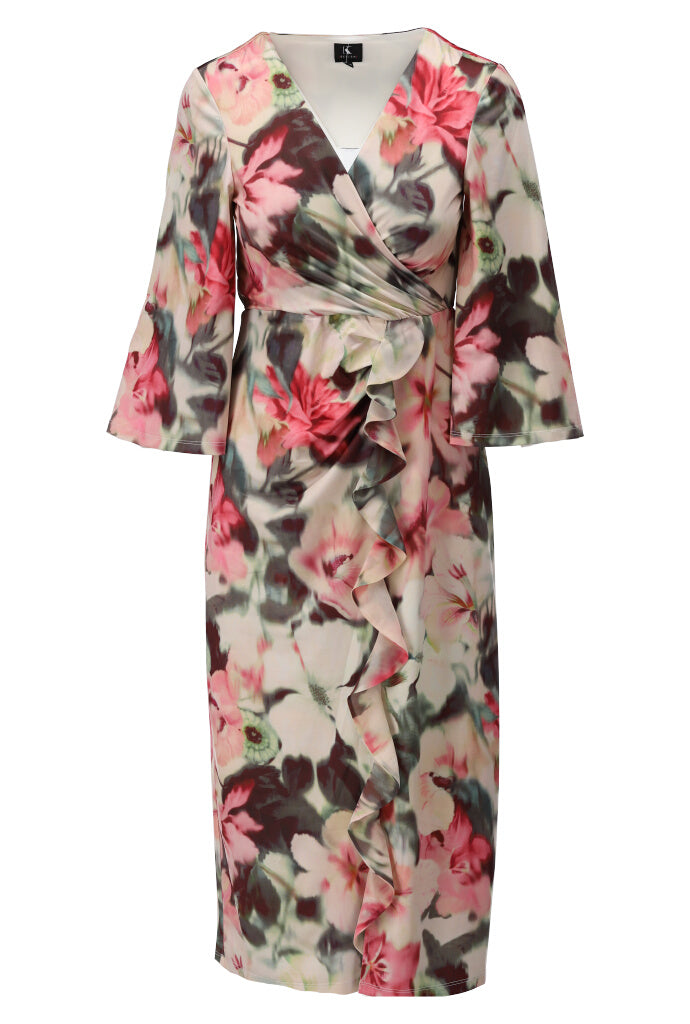 K-design - Midi crossover dress met print en volants (A342P956) - What Els!