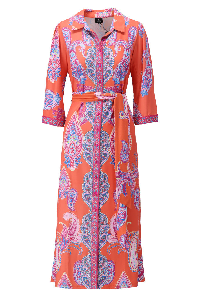 K-design - Maxi polo dress met print, knopen en stoffen riem (A404P966) - What Els!