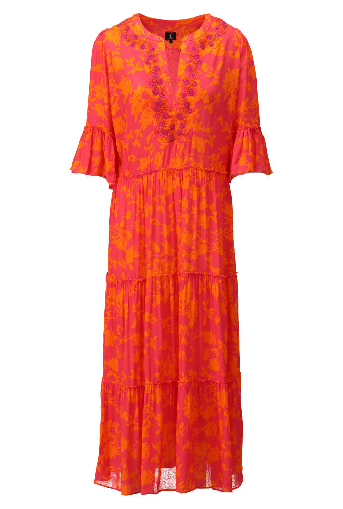 K-design - Maxi boho dress met print, volants en lovertjes (A500P928) - What Els!