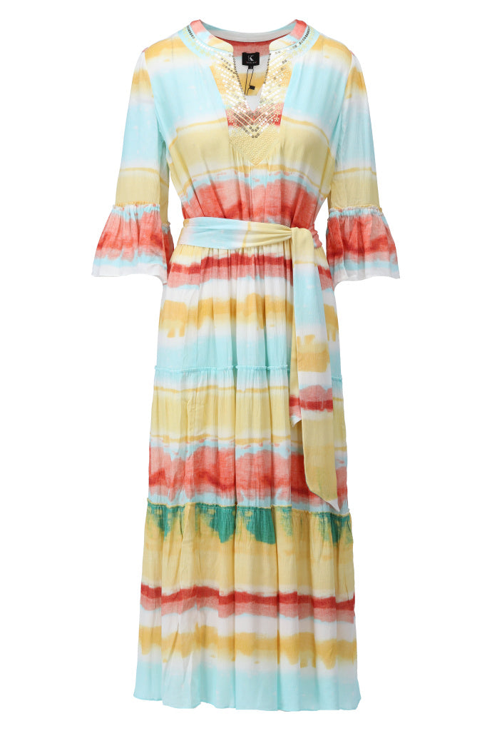 K-design - Maxi boho dress met print, volants, borduursel, lovertjes en stoffen riem (A504P929) - What Els!