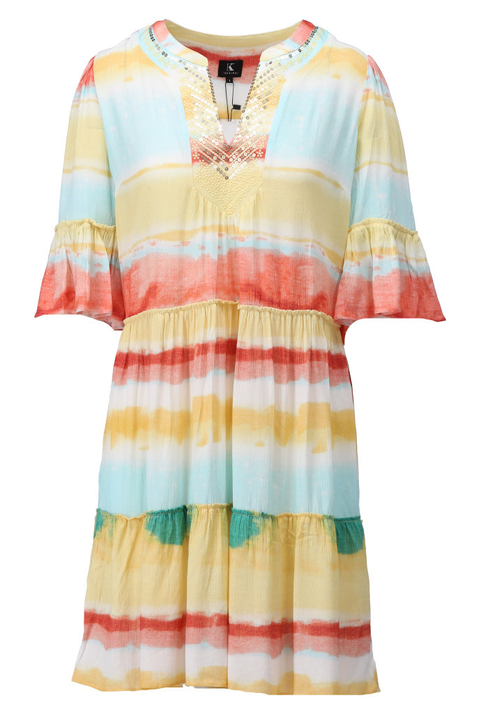 K-design - Mini boho dress met print, volants en lovertjes (A505P929) - What Els!