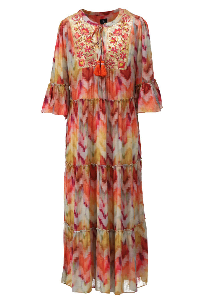 K-design - Maxi boho dress met print, volants en lovertjes (A506P932) - What Els!