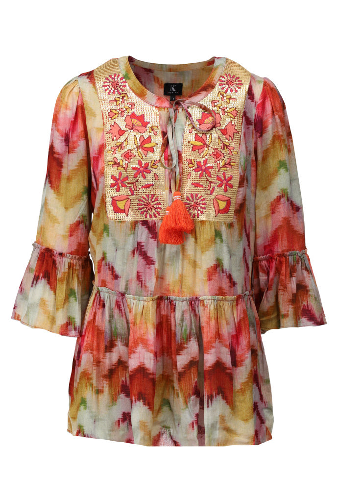 K-design - Boho blouse met print, volant en lovertjes (A508P932) - What Els!