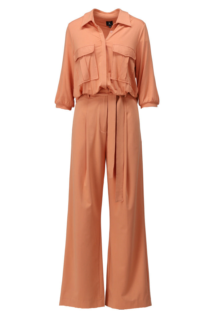 K-design - Jumpsuit met knopen, zakjes, plooien en stoffen riem (A609Coral gold) - What Els!
