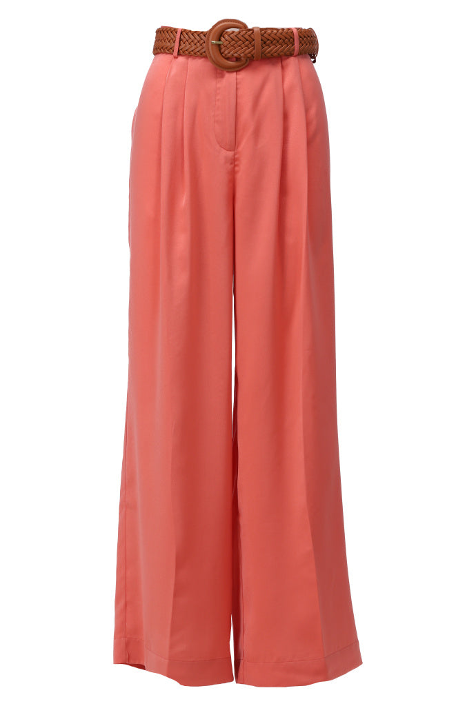 K-design - Wijde broek in satijn look met bijpassende riem (A675Apricot brandy) - What Els!