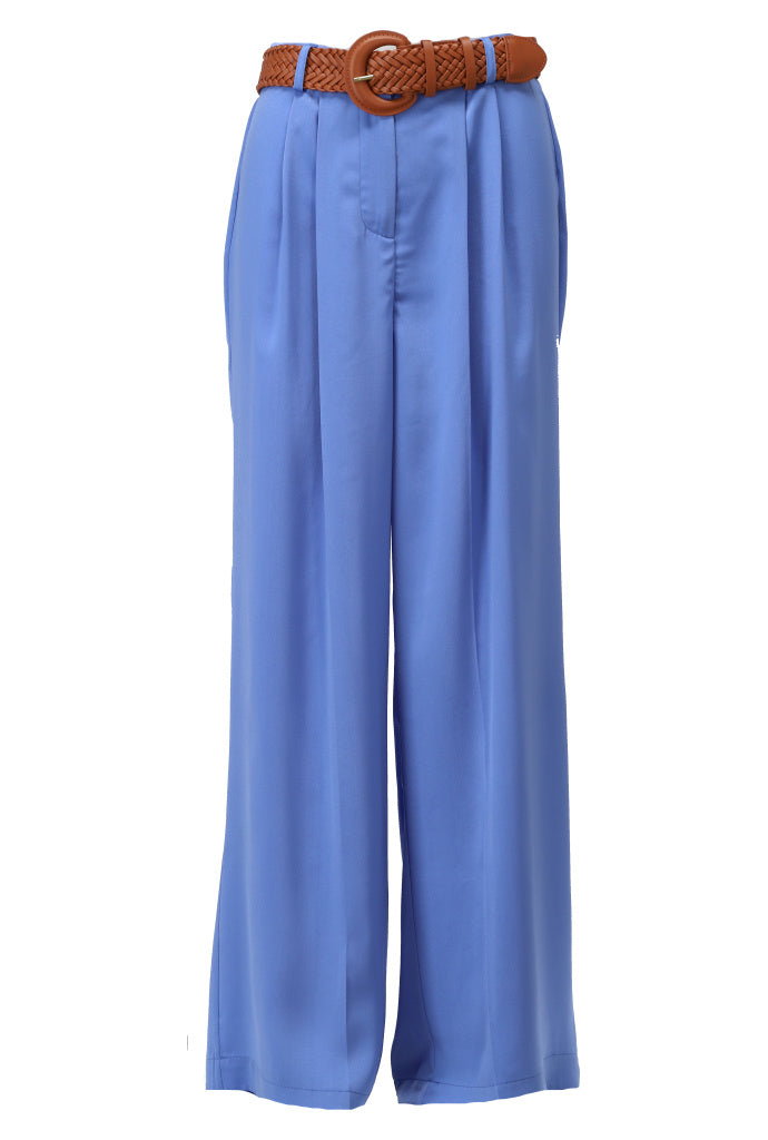 K-design - Wijde broek in satijn look met bijpassende riem (A675Blue bonnet) - What Els!