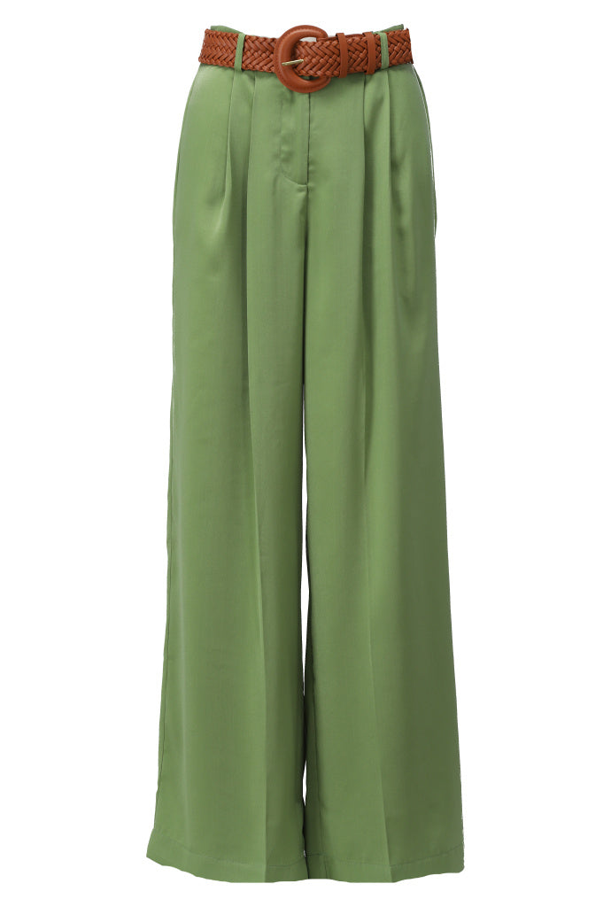 K-design - Wijde broek in satijn look met bijpassende riem (A675Green eyes) - What Els!