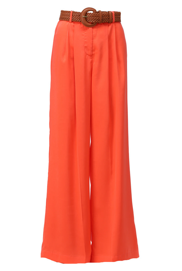 K-design - Wijde broek in satijn look met bijpassende riem (A675Orangeade) - What Els!