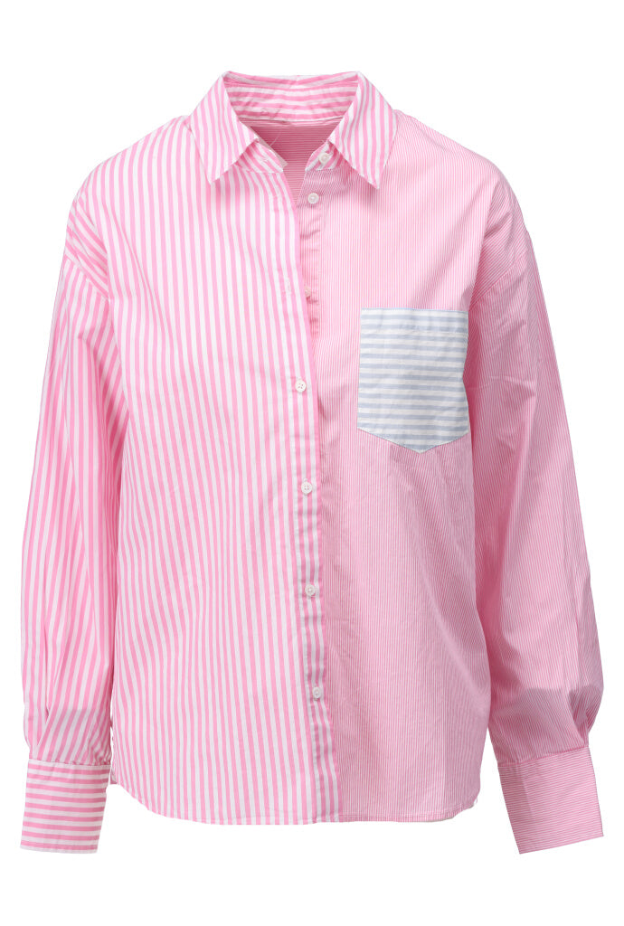 K-design - Gestreepte blouse met zakje (A756Pink stripe mix) - What Els!