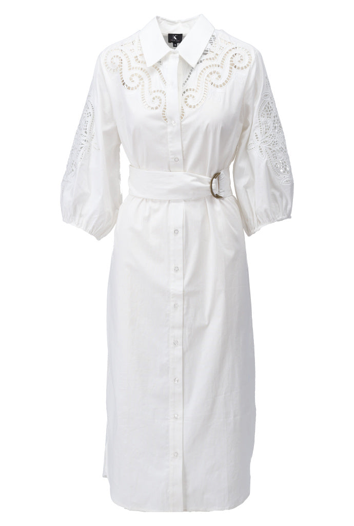 K-design - Maxi dress met borduursel en stoffen riem (A760White) - What Els!
