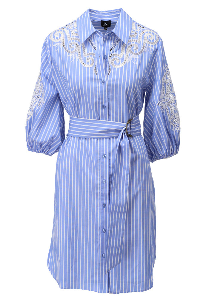 K-design - Mini dress met borduursel en stoffen riem (A761Blue stripe) - What Els!