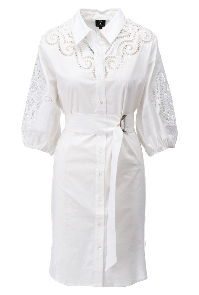 K-design - Mini dress met borduursel en stoffen riem (A761White) - What Els!