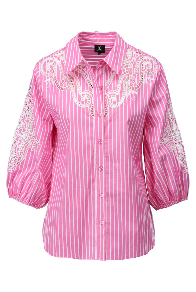 K-design - Gestreepte blouse met borduursel (A762Pink stripe) - What Els!