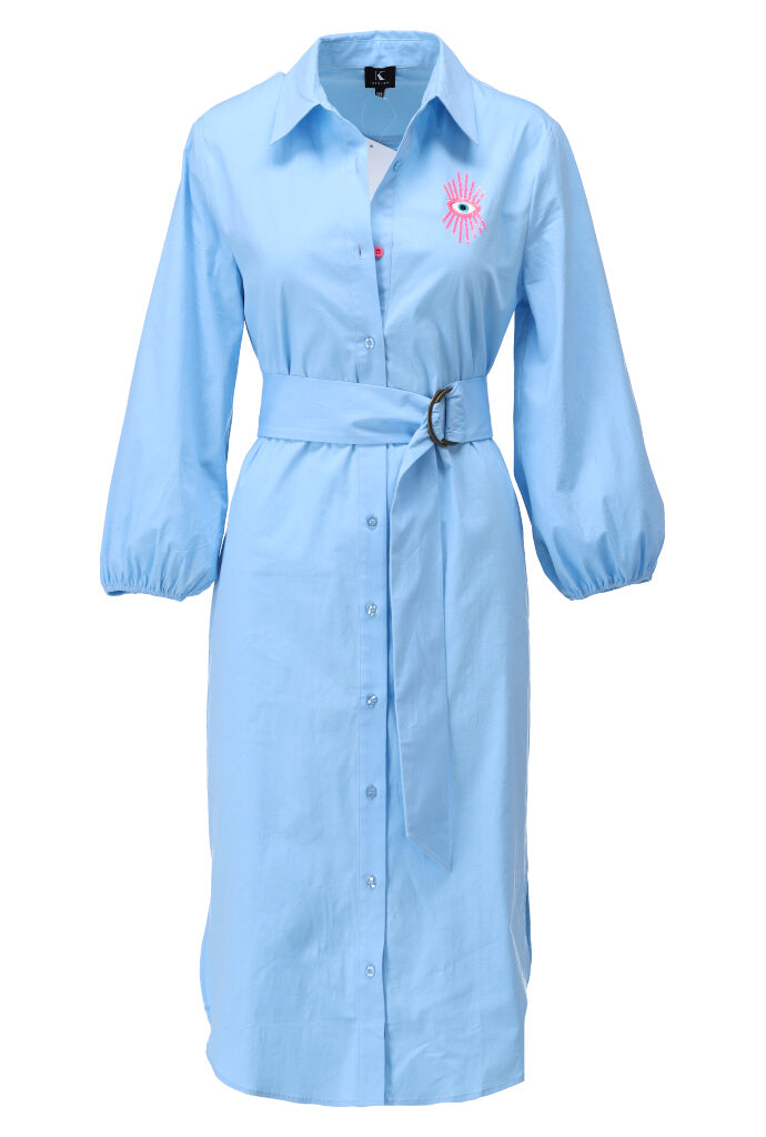 K-design - Midi dress met knopen en stoffen riem (A763Dream blue) - What Els!