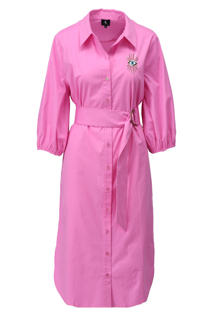 K-design - Midi dress met knopen en stoffen riem (A763Fuchsia pink) - What Els!