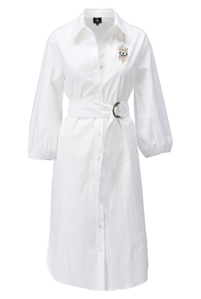 K-design - Midi dress met knopen en stoffen riem (A763White) - What Els!