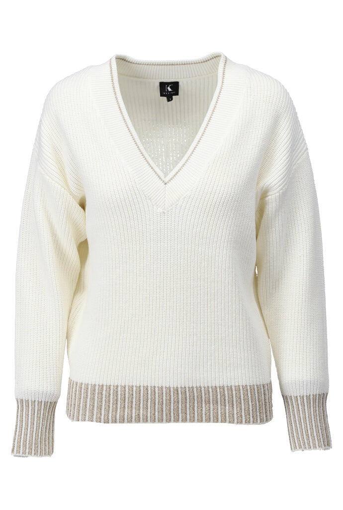 K-design - Pull met V-hals en lurex (A845Ecru) - What Els!