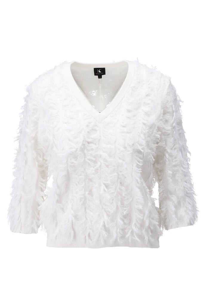 K-design - Pull met V-hals en franjes (A846Ecru) - What Els!