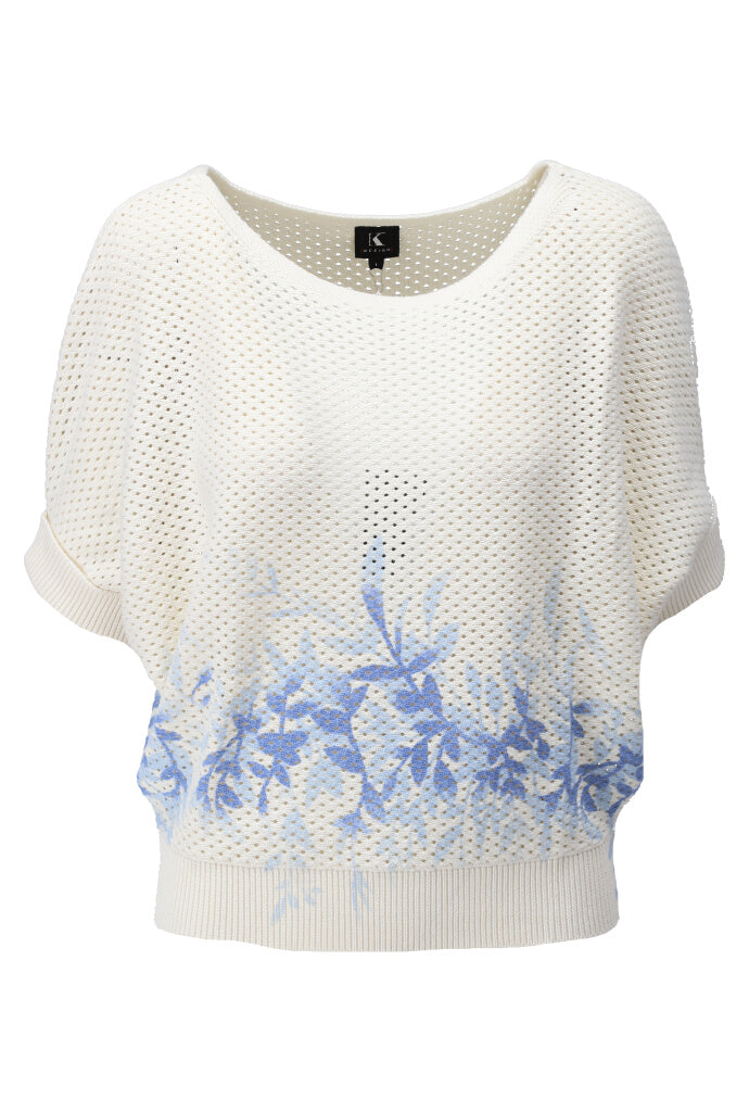 K-design - Pull met vleermuismouwen en blauwe print (A851Ecru) - What Els!