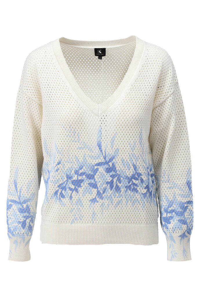 K-design - Pull met V-hals en blauwe print (A852Ecru) - What Els!