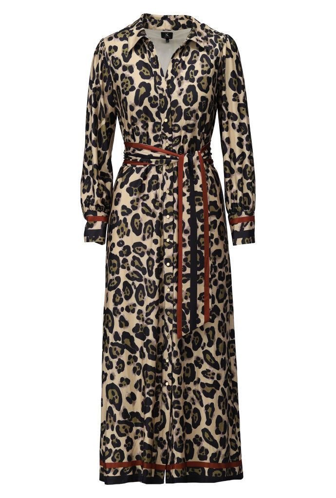 K-Design - Maxi jurk met luipaard design en stoffen riem (B112)