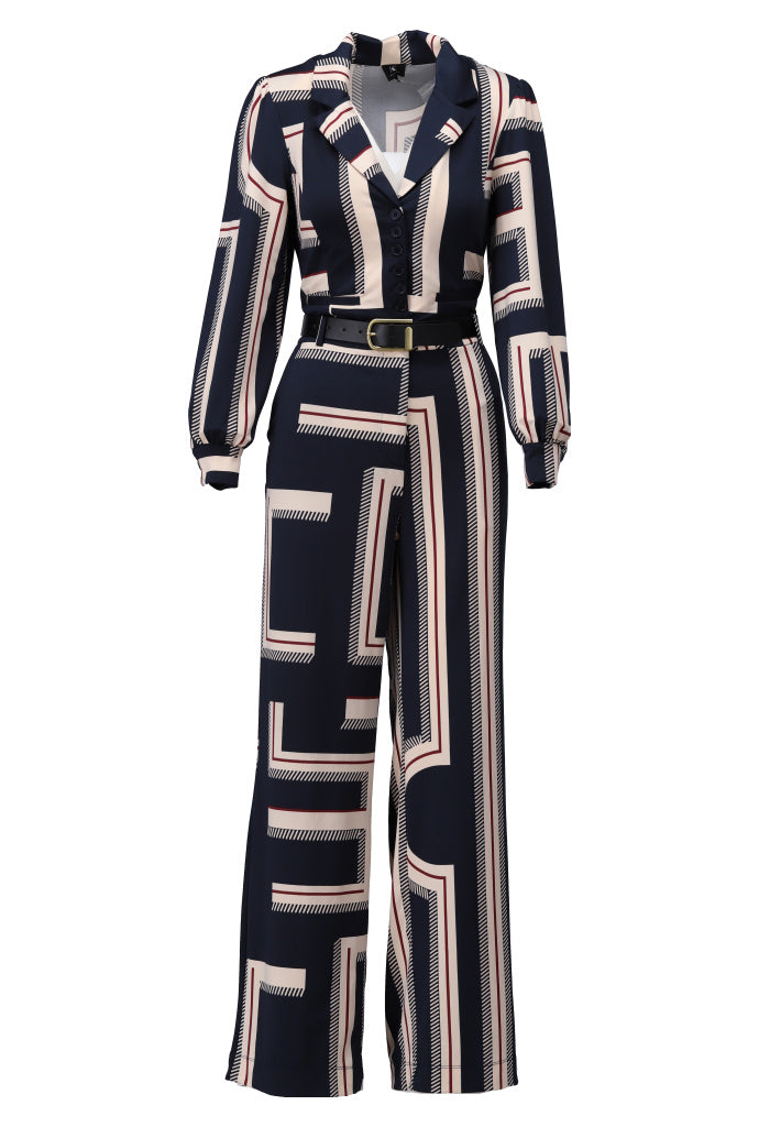 K-Design Jumpsuit met design & RIEM - B331 - Blauw