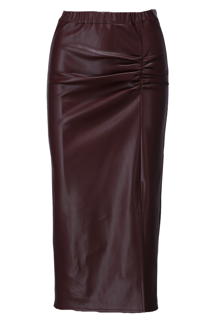 K-Design Vegan lederen rok met split - B753 - Bordeaux
