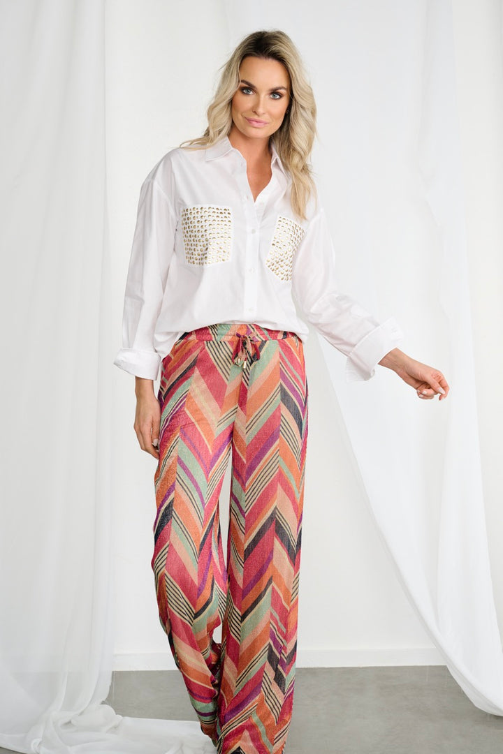 K-design - Broek met lurex print en  trekkoord (A250P975) - What Els!