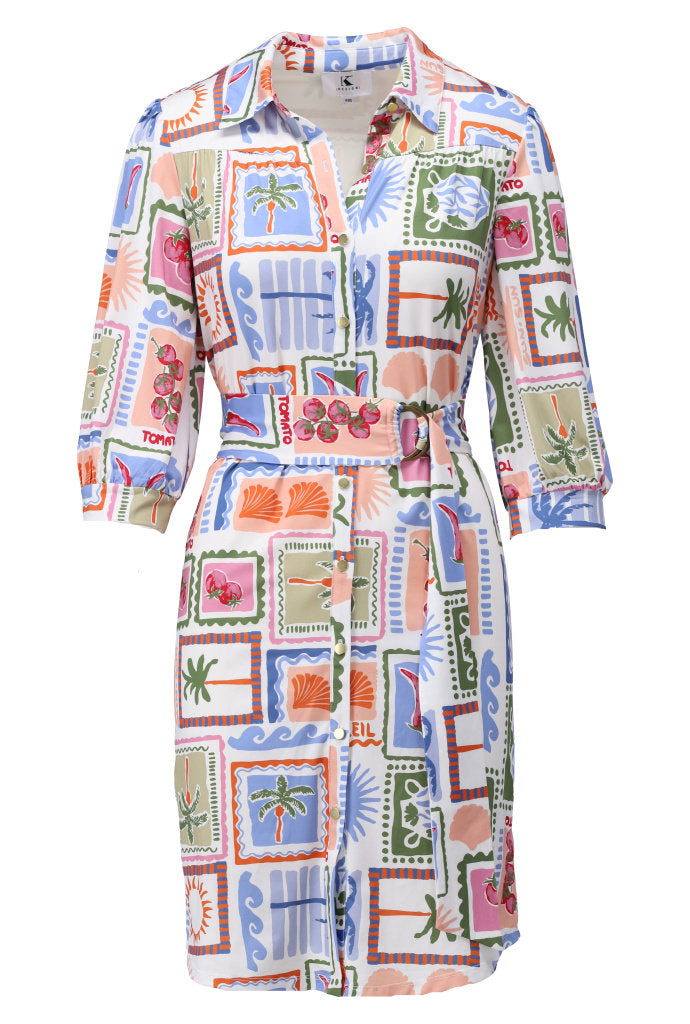 K-design - Jurk met print en stoffen riem (C303)