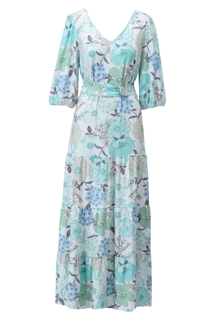 K-design - Maxi jurk met print, volants en stoffen riem (C312)