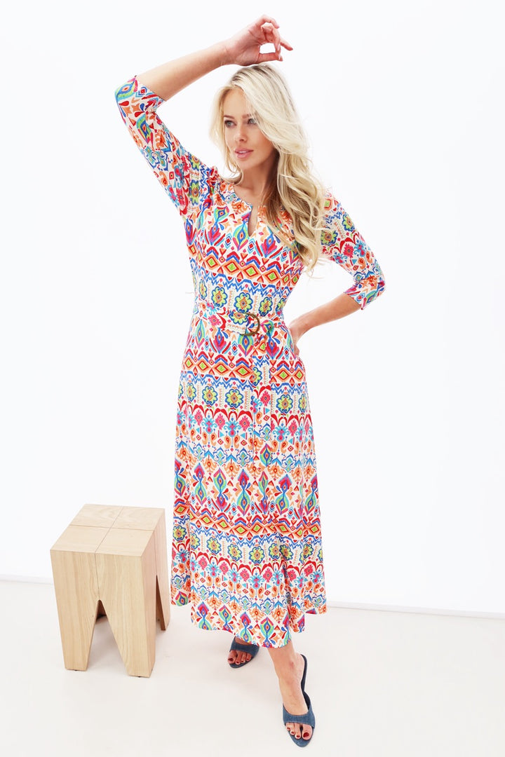K-design - Maxi dress met retroprint en stoffen riem (Y124) - What Els!