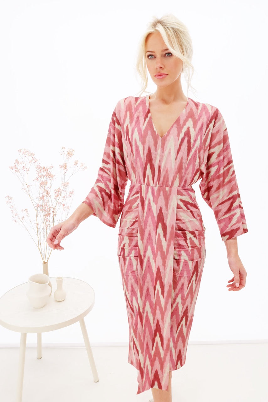 K-design - Midi dress met print, V-hals en plooien (Y134) - What Els!