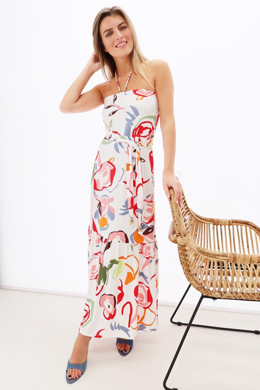 K-design - Maxi dress bandeau met print, neklint en stoffen riem (Y343) - What Els!