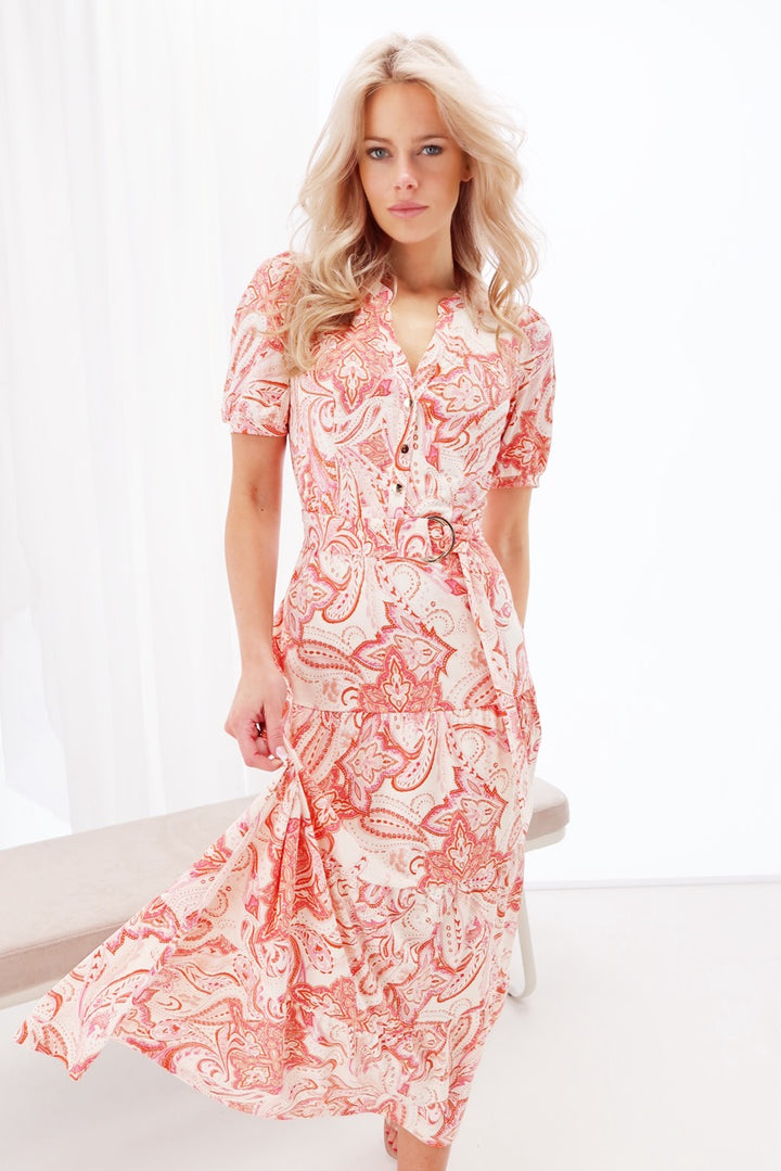 K-design - Maxi dress met print, volant en stoffen riem (Y362) - What Els!