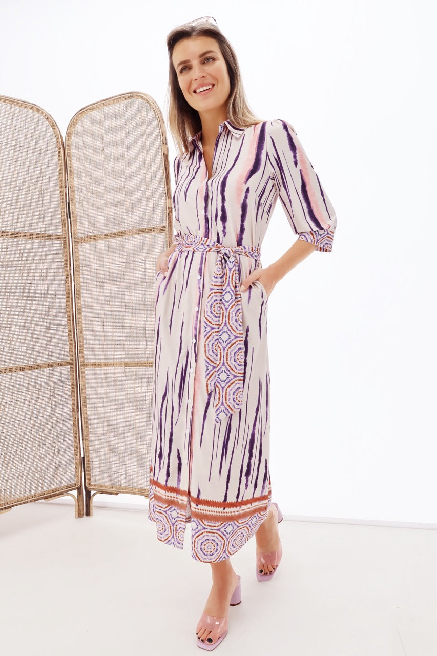 K-design - Maxi dress met print, knopen en stoffen riem (Y394) - What Els!