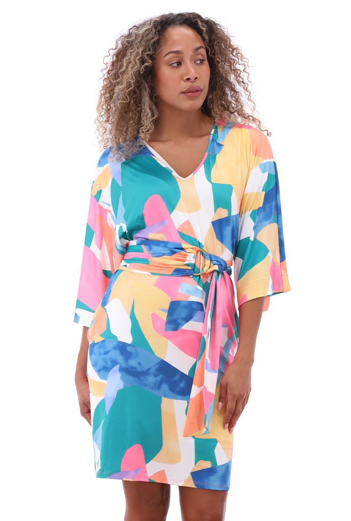 K-design - Mini dress met print, V-hals en stoffen riem (A115P925)