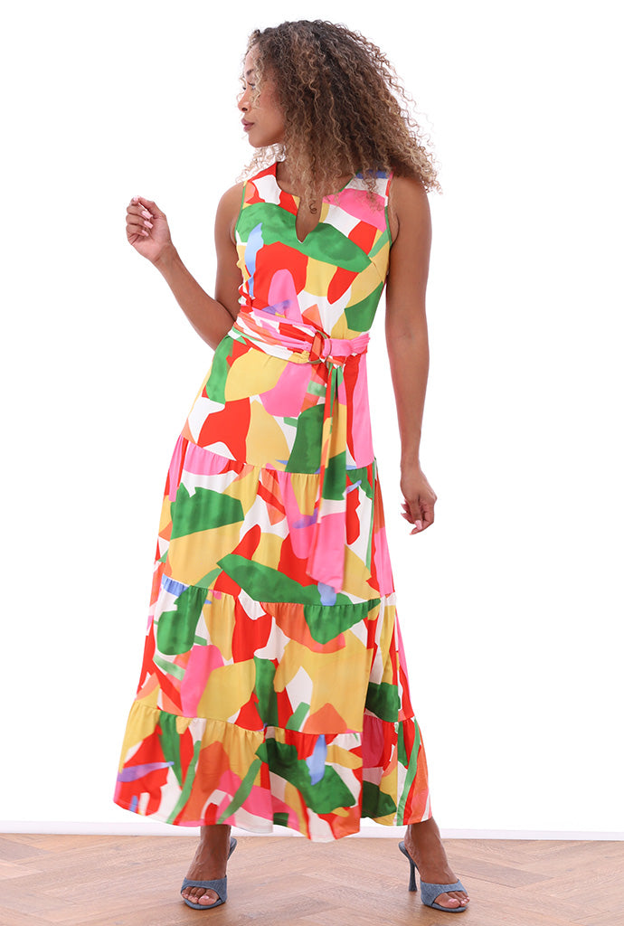 K-design - Mouwloze maxi dress met print, volants en stoffen riem (A116P926) - What Els!